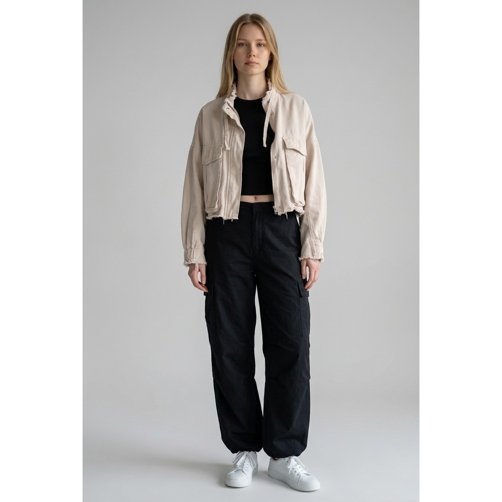 Forever 21 Utility Crop Jacket Beige Cotton Frayed Raw Hem Cargo Boho Size S